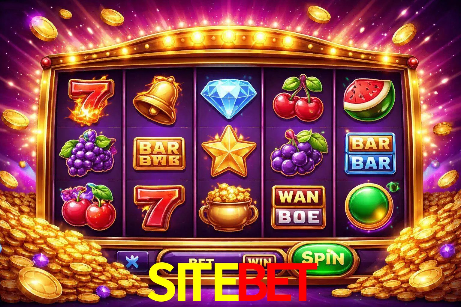 Una interfaz colorida de tragamonedas en línea con símbolos brillantes, monedas y un efecto de victoria celebratoria en SITEBET.